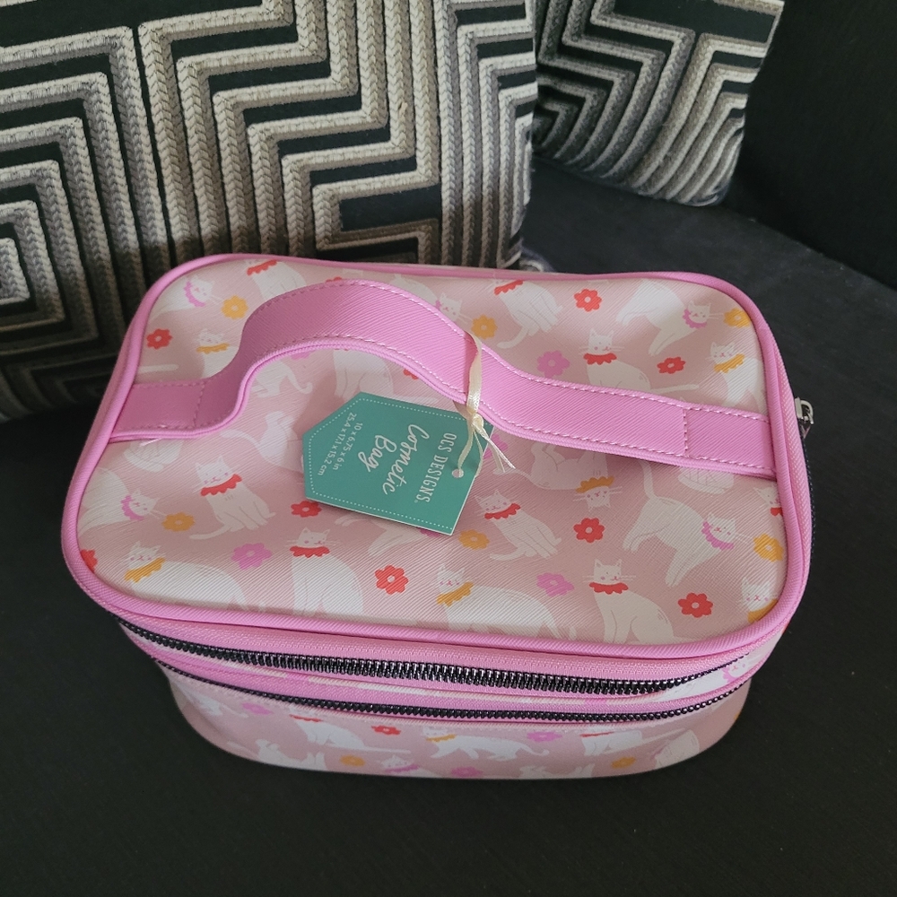 OCS Designs Pink Cat Print Cosmetic Bag